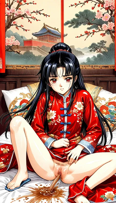 8k Tragic historical drama in live-action style: Beautiful palace secrets　A beautiful 10-year-old Chinese kung fu princess with long black hair defecates with all her might　Gorgeous embroidery, Ultra glossy, She is wearing a shiny red top and bottom long s...