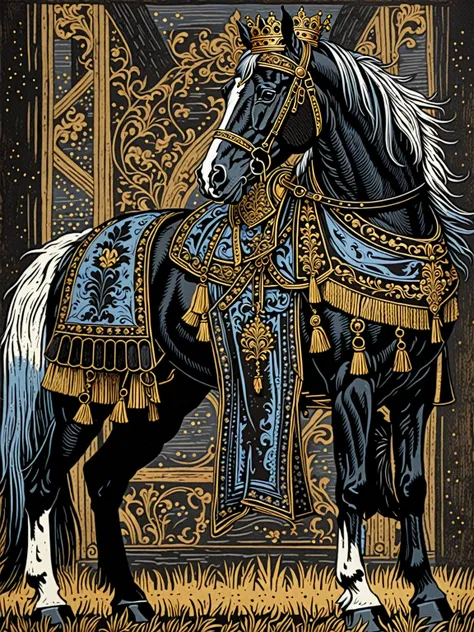 ultra-detailed illustration of a horse dressed as prince, crowned black horse, woodcut style, masterpiece, best quality, beautiful illustration, very aesthetic art