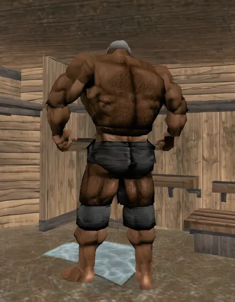 Black old giant sitting full body shot in sauna。Just as big，Too much muscle。The bronzed old man in shorts has a particularly large body。Strong and powerful, hard like a piece of iron, well-developed, full of strength, with a lot of flesh, and black skin。Th...