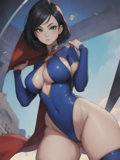 (8k), (Best Quality), (Masterpiece: 1.2), (realist), (superheroine powergirl flying over the planet on a battlefield,)), (black hair), Green eyes, Best Quality) 1.5, 1girl, Alone, (sexy, Beautiful woman, Perfect face, Perfect eyes), whole body.