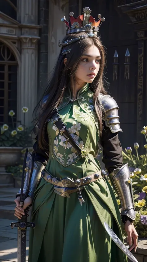 model shoot,1 girl, (innocent face:1.4), long hair, (assassin armor:1.5), green outfit, lace:1.5, (crown:1.5), (flower:1.5), hyper realistic, super detailed, Dynamic shot, masterpiece, scene sharp détails, perfect eyes, perfect skin, (assassin sword:1.5), ...