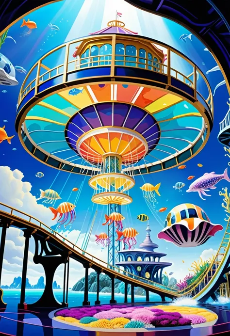 ((32k UHD, High Detail, 16k HDR Art)) Very detailed gouache painting, (((Deep Sea Futurism_theme_A park integrated with an aquarium，With extremely detailed gouache painting:1.4))), (((Futuristic intricate details_Underwater futurism_Science Fiction_Drum_Ro...