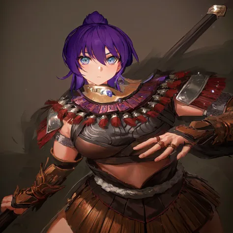 Anime style image of a woman with purple hair and a spear, As a powerful monster hunter, wearing monster hunter armor, Armor Girl, wearing monster hunter armor, A very beautiful berserker woman, wearing dark Purple Armor, Morrigan, Epic RPG portrait, Weari...