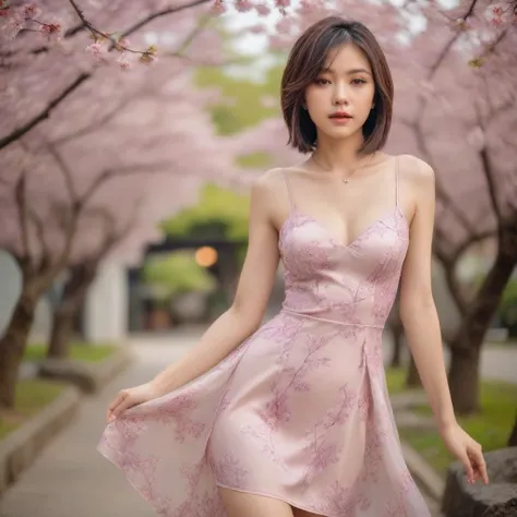 Masterpiece, charming asian aged 20 years old, super detailed, high quality, sharp focus, cinematic lighting, beauty, bob hair, necklace, (slim legs), (slender body), (medium breasts), small tattoo, (slip breasts), (sexy embellished dress), (one leg up), (...