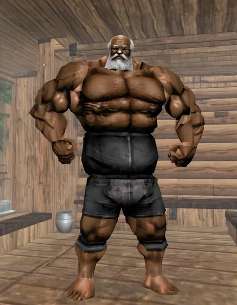 Black old giant sitting full body shot in sauna。Just as big，Too much muscle。The bronzed old man in shorts has a particularly large body。Strong and powerful, hard like a piece of iron, well-developed, full of strength, with a lot of flesh, and black skin。Th...