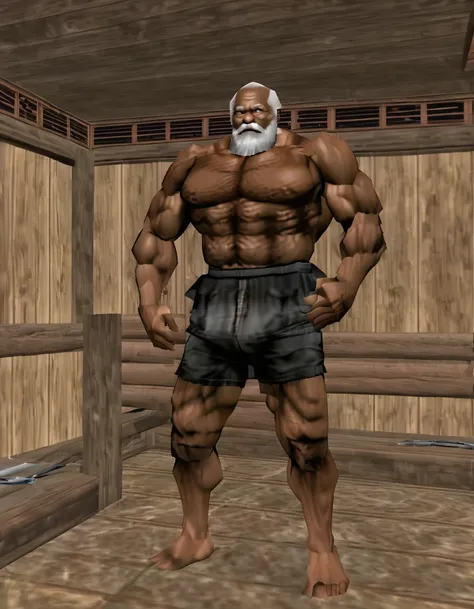 Black old giant sitting full body shot in sauna。Just as big，Too much muscle。The bronzed old man in shorts has a particularly large body。Strong and powerful, hard like a piece of iron, well-developed, full of strength, with a lot of flesh, and black skin。Th...