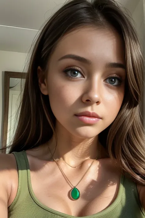 Arafed woman with a tank top and necklace, sexy girl with green eyes, Portrait Sophie Mudd, brown hair and big eyes, selfie of a young woman, Violet Myers, without makeup, natural makeup, looking straight at camera, Face with Artgram, Subtle Makeup, stunni...