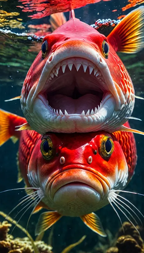 Panorama，A red carp under the water，Face fish body（best quality，4K，8K，High level，masterpiece：1.2），Ultra Detailed，（lifelike，Photo real，Photo real：1.37），Highly detailed animals，Complex patterns，Realistic lighting，Fantasy Creatures