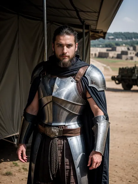 Cinematic powerful general in metal medieval armour, short beard and brunette hair, army camp in background, with cape, army in background