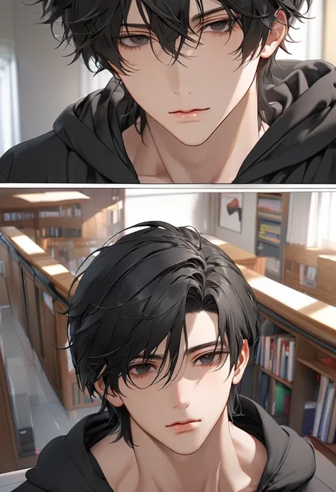 A highschool boy, handsome, perfect body, black hair, short hair, mullet black eyes, expressionless, black hoodie, anime, first-person view, masterpiece, anatomically correct, high details, highres, best quality, super detail, 1080P