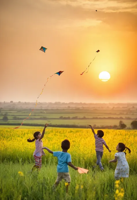 Sunset scene of children flying kites in the fields