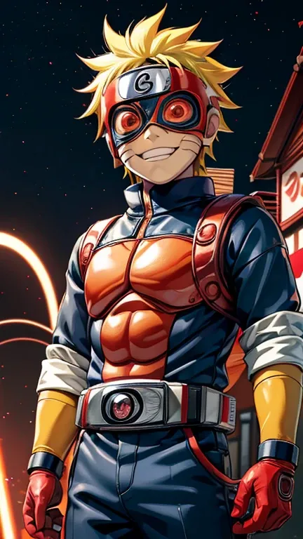 (8k),(masterpiece),(Japanese),(8-year-old boy),((innocent look)),((Childish)),From the front,smile,cute,Innocent,Kind eyes,Flat chest, Uzumaki Naruto,Kamen Rider,red helmet,red domino mask,camisa,Yellow Hair,Strong wind,night,dark, Neon light cyberpunk Kon...