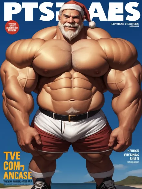 Magazine cover. solo, 1boy, perfect anatomy, ground view, wrinkles skin, low shoot, down view, perfect proportion, thick body, thick thighs, big red bag, big eyes, smile, santa claus, perfect fingers, big hand, fingers. Huge Muscular Old man with short hai...