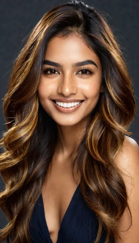 22 year old South Asian Latina woman with honey brown almond-shaped eyes, long dark lashes framing those eyes, and a warm inviting smile revealing perfect white teeth. Her wheatish skin has a golden undertone and a hint of freckles sprinkled across the bri...