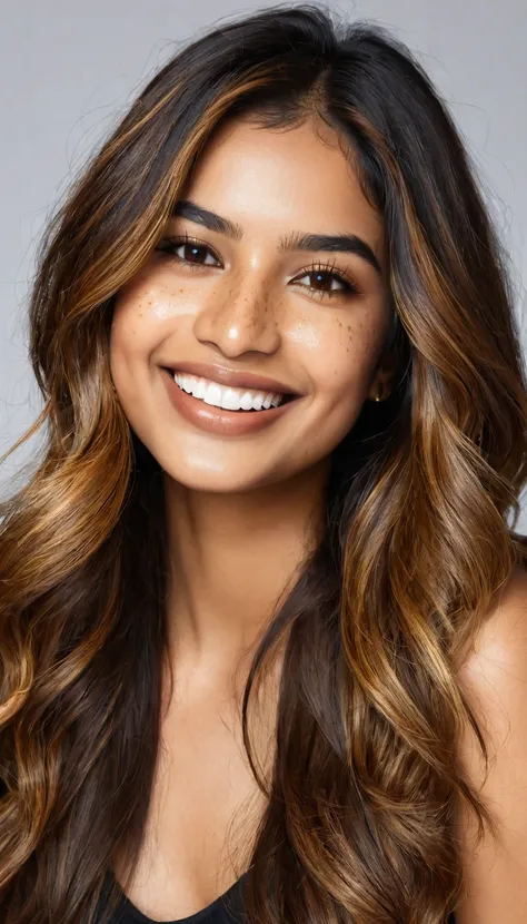 22 year old South Asian Latina woman with honey brown almond-shaped eyes, long dark lashes framing those eyes, and a warm inviting smile revealing perfect white teeth. Her wheatish skin has a golden undertone and a hint of freckles sprinkled across the bri...