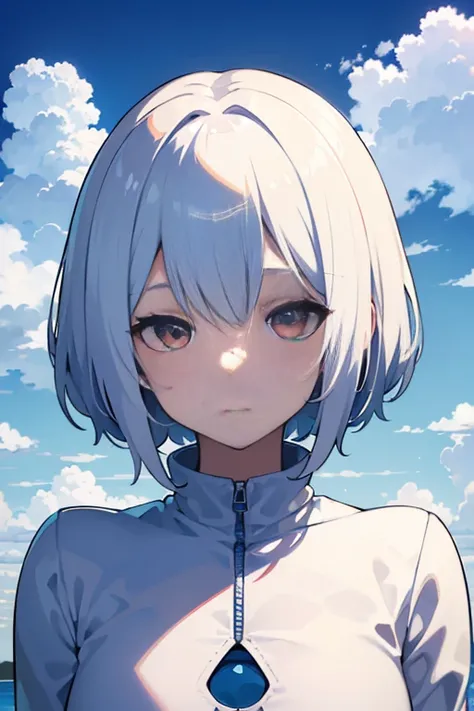 (white short hair)(red eye)(Eyes without highlights)(In the sky)(midnight)(Gloomy environment)(Eyes emit blue U-light)(Ride a big blue whale in the sky)(whole body)(Far viewing angle)4K