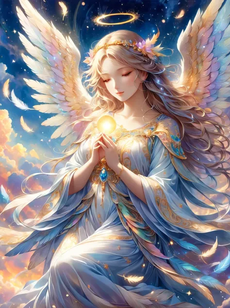 an ethereal image of an angel, glistening with an essence of celestial divinity. the figure, embodying an ethereal charm, posses...