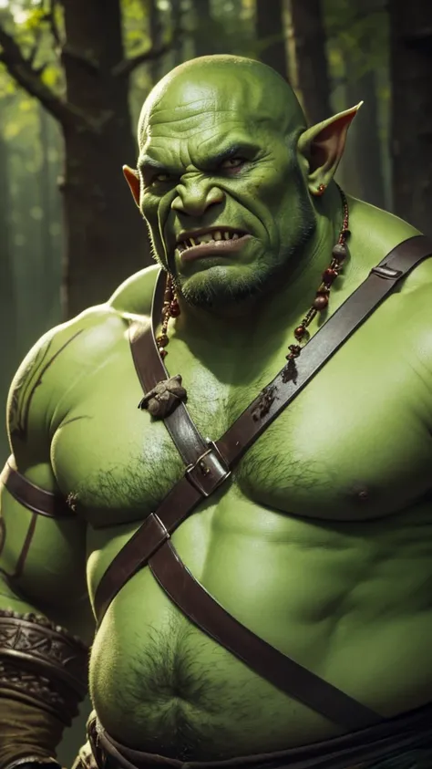 Young orc, big fangs, male orc, (green skin) , peaceful expression, dirty clothes and hair, wool and leather clothes, (fat belly), big body, bone jewelry, skin imperfections, skin dentation, forest background, natural lighting, tribal tattoos, big body, hi...