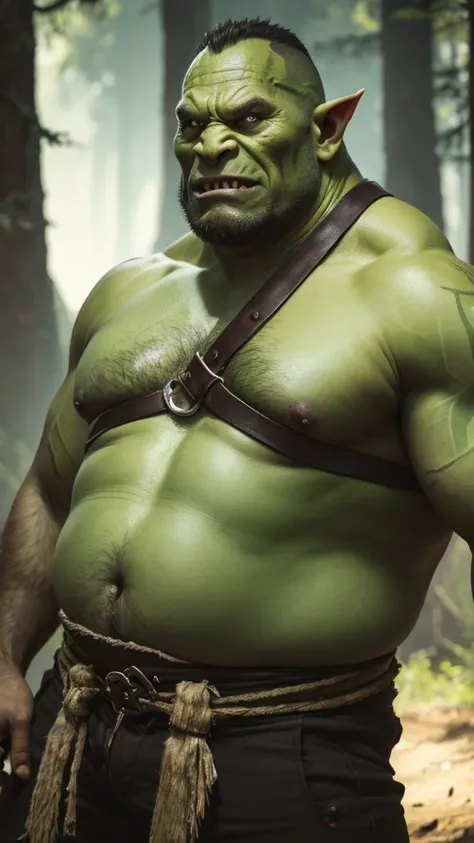 Young orc, big fangs, male orc, (green skin) , peaceful expression, dirty clothes and hair, wool and leather clothes, (fat belly), big body, bone jewelry, skin imperfections, skin dentation, forest background, natural lighting, tribal tattoos, big body, hi...