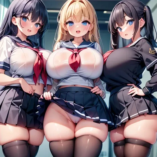 highest quality,wonderful,finely,extremely detailed CG Unity 8K wallpaper, (Stand in line:1.2), (3 girls, cute eyes, sailor uniform, clothed), (huge breasts: 1.5), (Excessively Enormous Breasts), (open mouth:1.1), (long tongue:1.1), (mouth drool:1.1), (bla...