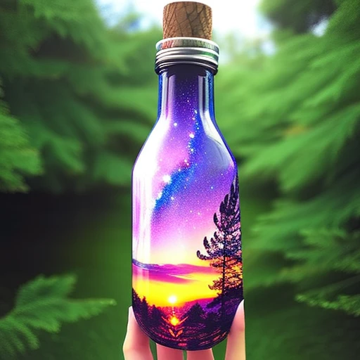 someone holding a bottle with a picture of a sunset and trees