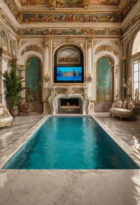 a close up of a pool in a house with a tv in the background, a hyperrealistic, renaissance, in a luxurious pool, luxurious furnitures mathching with colour of the palace , next to a pool, a pool inside the giant palace, dreampool rooms, in a swimming pool,...