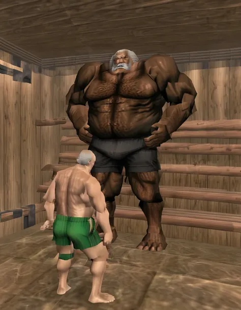 Black green old giant sitting full body shot in sauna。Just as big，Too much muscle。The bronzed old man in shorts has a particularly large body