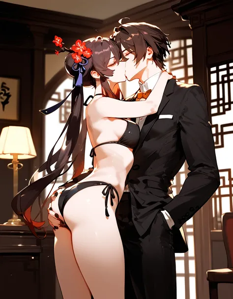 anime artwork, score_9, score_8_up, score_7_up, score_6_up, score_5_up, score_4_up, hu tao, she is 24 years old, style_3, ,,,,,,,,,, bikini, 1boy, zhongli, he grabbing her ass, they are kissing, indoors