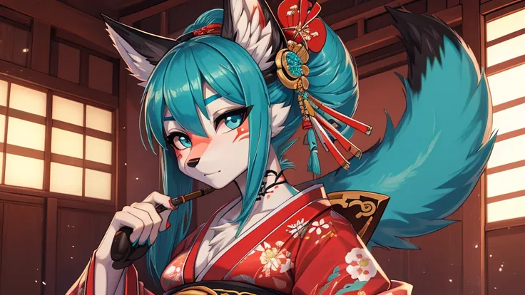 Miku Hatsune, agregar alta definición_detalle:1, pelaje azul,Orejas de Kitsune, japanesse tattoo art agregar_detalle:1, brazos al aire, japanese samuray costume add_detail:1, resplandecent body, geisha girl, meiko girl smoken japanesse pipe