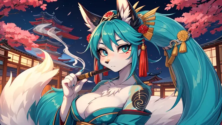 Miku Hatsune, agregar alta definición_detalle:1, pelaje azul,Orejas de Kitsune, japanesse tattoo art agregar_detalle:1, brazos al aire, japanese samuray costume add_detail:1, resplandecent body, geisha girl, meiko girl smoken japanesse pipe