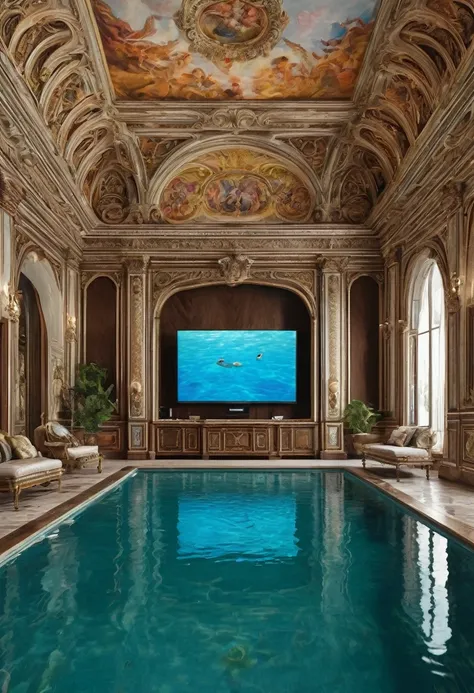 a close up of a pool in a house with a tv in the background, a hyperrealistic, renaissance, in a luxurious pool, luxurious furnitures mathching with colour of the palace , next to a pool, a pool inside the giant palace, dreampool rooms, in a swimming pool,...