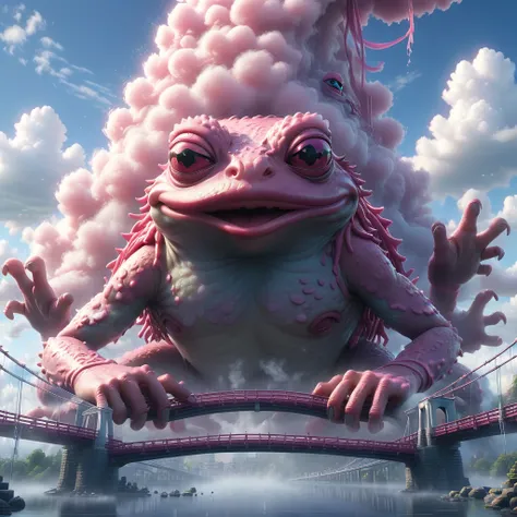 Hyperrealistic art BJ_Sacred_beast, pink pepe_frog,outdoors,sky,day,cloud,water,blue_sky,no_humans,cloudy_sky,building,scenery,reflection,monster,bridge,fog,
cinematic lighting,strong contrast,high level of detail,Best quality,masterpiece,White background,...