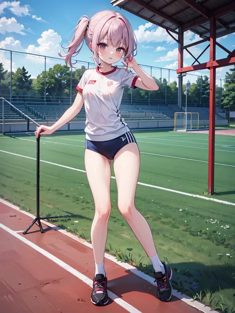 RAW Photos, Highest quality, High resolution, Very detailed、 8K image quality、、Gym suit、Bloomers、playground、Nipples are visible、Run on the track