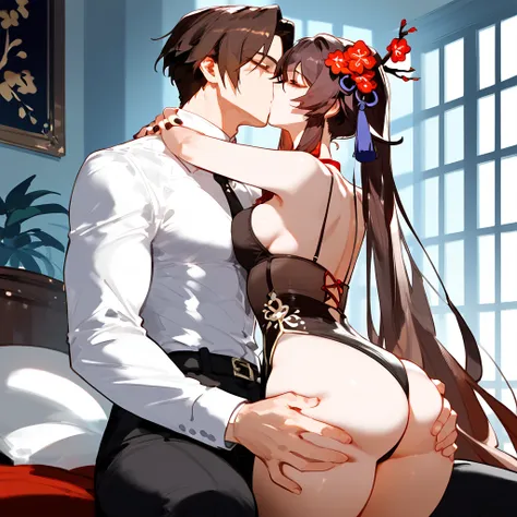 anime artwork, score_9, score_8_up, score_7_up, score_6_up, score_5_up, score_4_up, hu tao, she is 24 years old, style_3, sit,,,,,,,,,, bikini, 1boy, zhongli, he grabbing her ass, they are kissing, indoors