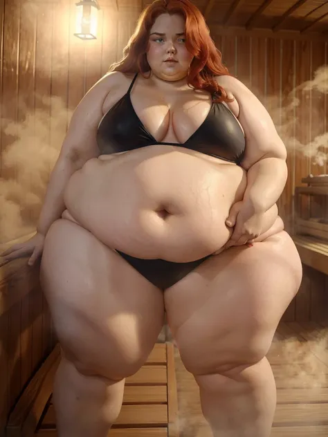 A very sweaty steamy and hot photo of a young beautiful redhead ssbbw Sitting in a sauna, with long wavy ginger hair soft sweating fat belly, very wide fat obese sweating hips, very obese sweating  legs, thick fat wide sweating legs and fat arms, cute swea...