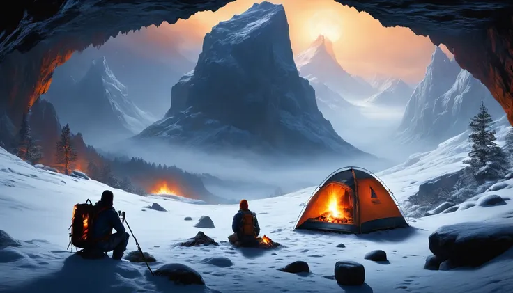 (cave), (campfire), (backpack), snowy mountains, night, snow, fog, science fiction art, Dennis Ruston