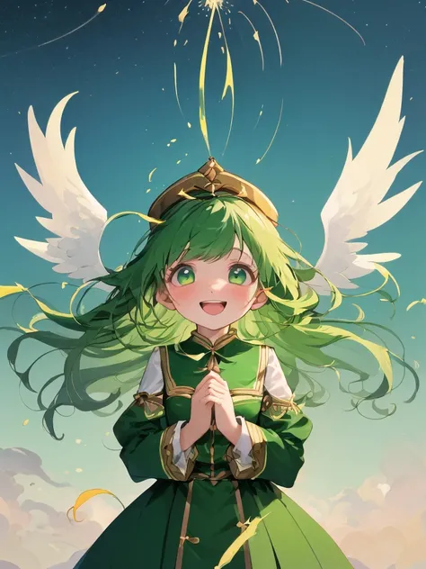 Angel twin girls　It has wings and is flying　God is Green　The wind is blowing　It emits wind magic.　Your smile is cute　A frog being blown away by magic　Frog is crying　Wearing a uniform with green and gold lines