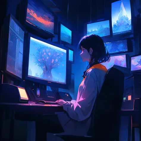 There is a man sitting at a desk using a computer, In front of the computer, Beautiful and cinematic lighting, sitting in front of a computer, programmer, Surreal composition, wonderful壁紙, Cyril Rolland and Goro Fujita, sitting in front of a computer, Nigh...