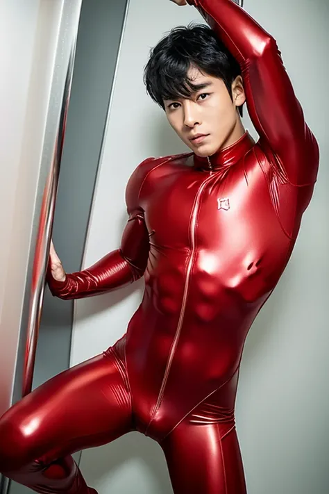 Anpanman、Defeated hero、training、slave、Black Hair、Innocent Japan boy in his teens、Handsome boy、Red bodysuit、Body lines are transparent、Red Hero Suit、Deep-set eyelids、Cool face、Lowered bangs、Abdominal muscles、erection、Bulging crotch、Big black eyes、Big cock、T...