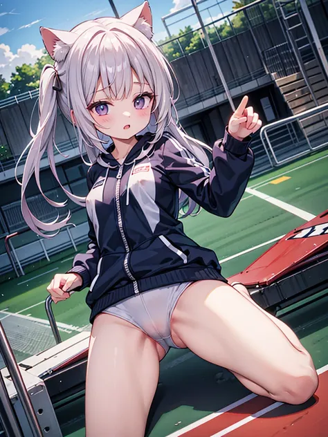 RAW Photos, Highest quality, High resolution, Very detailed、 8K image quality、、Gym suit、Bloomers、playground、Nipples are visible、Run on the track