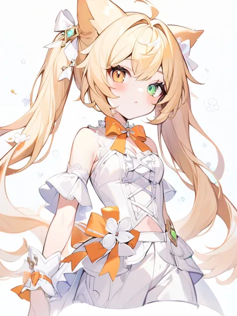 1girl, The fox girl,bangs, bare shoulders, blonde hair, blush, bow, breasts, white cleavage, cropped torso, , green eyes, hair ribbon, heterochromia,  stlooking at viewer, , orange bow, orange eyes, orange ribbon,  stuffed toy, twintails, upper body, full-...