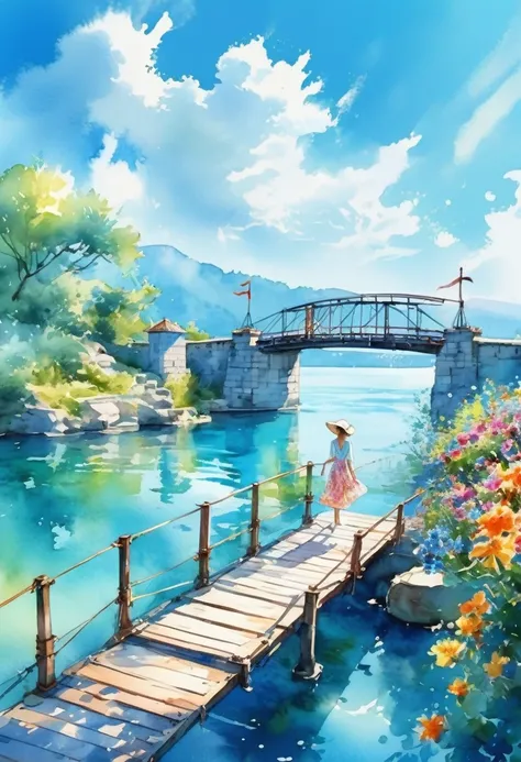 A lady passing over a drawbridge, the dazzling light of the summer sun, summer flowers, azure water, beautiful watercolor sketches, 8K images.