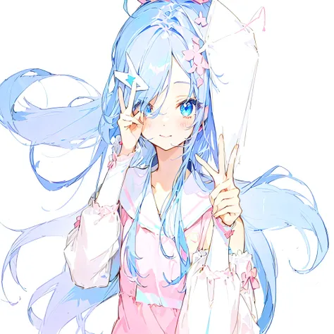 Anime girl with blue hair and pink dress makes a peace sign, soft anime illustration, anime art style, I&#39;ll do fanart too, flat fill in anime style, beautiful anime girl, Anime art style, pixive style, 2D anime style, anime stylized, Detailed fanart, b...