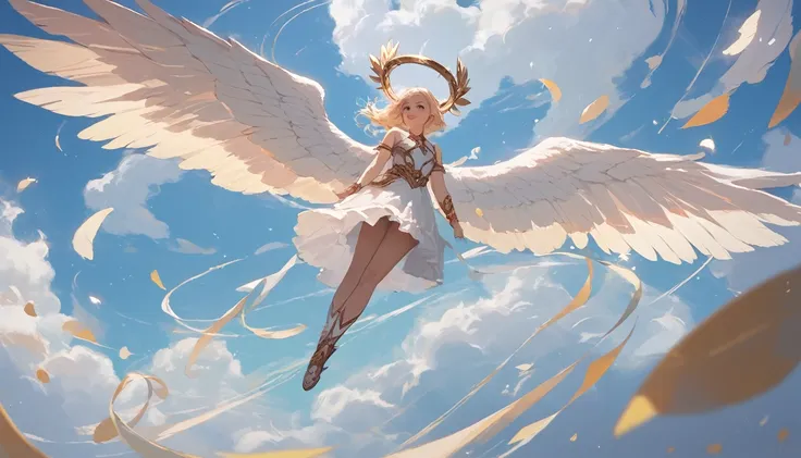 score_9, score_8_up, score_7_up, source_anime, detailed, 8k, cinematic angle, rating safe, from back, wide shot, A white winged angel is flying and look down, aureole, halo, perfect face, 