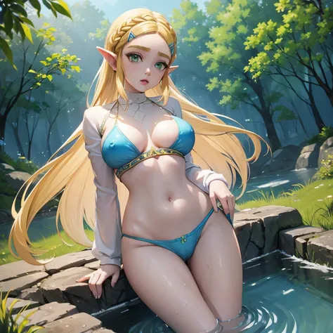 princess zelda, botw, blonde very long hair, crown braid, green eyes, wearing a sexy blue bra and panties, side slit, ultrasharp, looking at the viewer, ((best quality)), ((masterpiece)), (detailed), perfect face, big breast, sexy body, submerged in water