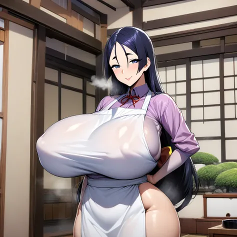 minamoto no raikou,1girl,solo,Mature Women,gigantic huge breasts,slender,apron,breath,amorous glance,looking at viewer,smile,near,standing up,Japanese house,in room,perfect,high quality,faultless,