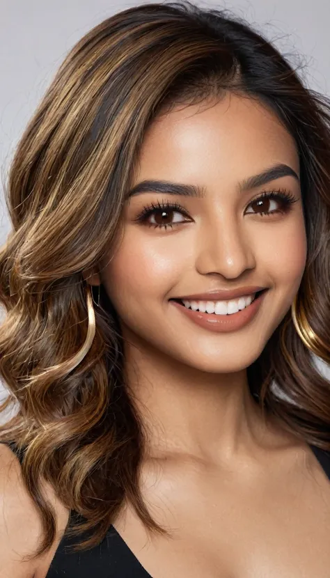 22 year old South Asian Latina woman with honey brown almond-shaped eyes, long dark lashes framing those eyes, and a warm inviting smile revealing perfect white teeth. Her wheatish skin has a dark brown undertone. Healthy neck-length straight brown hair wi...