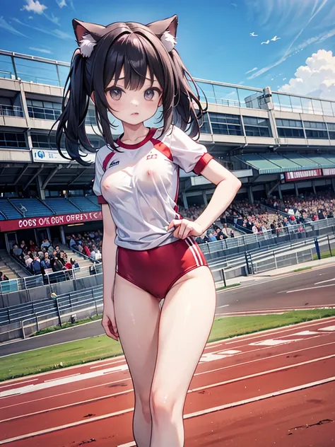 RAW Photos, Highest quality, High resolution, Very detailed、 8K image quality、、Gym suit、Bloomers、playground、Nipples are visible、Run on the track