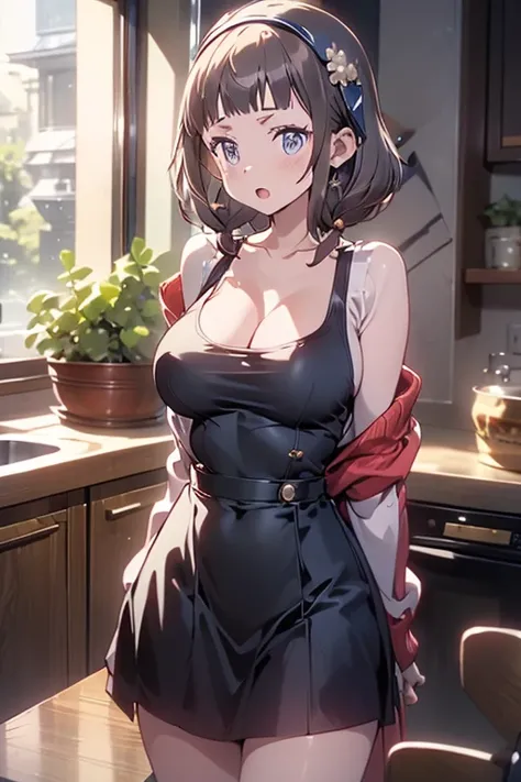 masterpiece, yor, 1girl, Amazing Cleavage:1.3, thin waist, big ass, Raised sexy, medium breast: 1.8 posed cleavage:1.2、solo, looking at viewer, open mouth, have a cup of coffee,black hair, red eyes, dress, bare shoulders, jewelry, collarbone, sidelocks, ha...