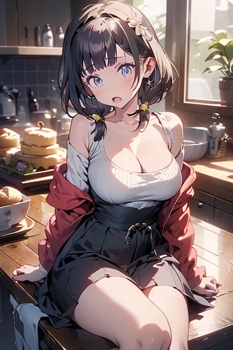 masterpiece, yor, 1girl, Amazing Cleavage:1.3, thin waist, big ass, Raised sexy, medium breast: 1.8 posed cleavage:1.2、solo, looking at viewer, open mouth, have a cup of coffee,black hair, red eyes, dress, bare shoulders, jewelry, collarbone, sidelocks, ha...